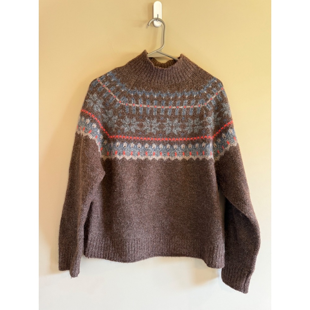 Old Navy Womens Brown Fair Isle Mock Neck Sweater Medium Nordic Pullover Knit